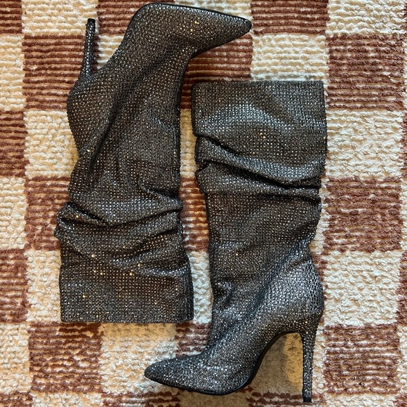 Jessica Simpson Stilletto Heels Pointed Toe Gunmetal Rhinestone Slouch Boots - Picture 2 of 6